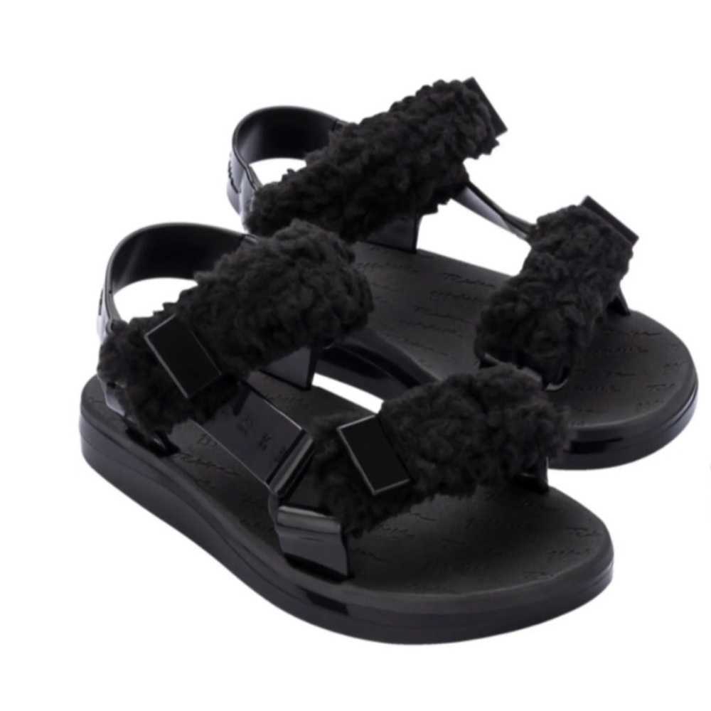 NWT MELISSA x RIDER Black Papette Fluffy  Sandal, Size 10